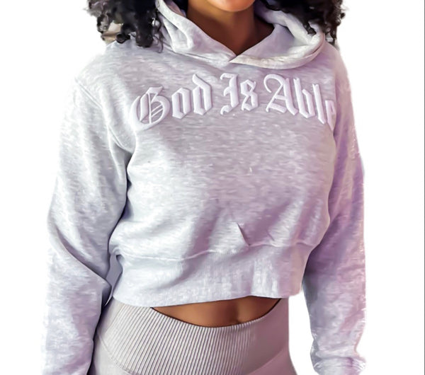 Women’s Old English Grey “Royal Crop Hoodie” White puff lettering. 1of10